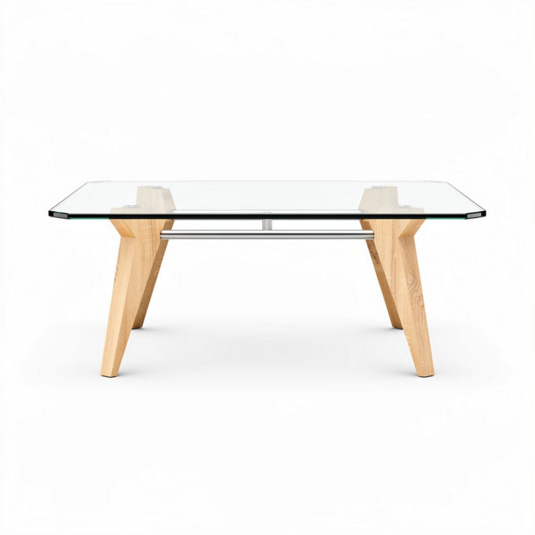 Glass coffee table with wooden legs - 120 x 60 x 40cm